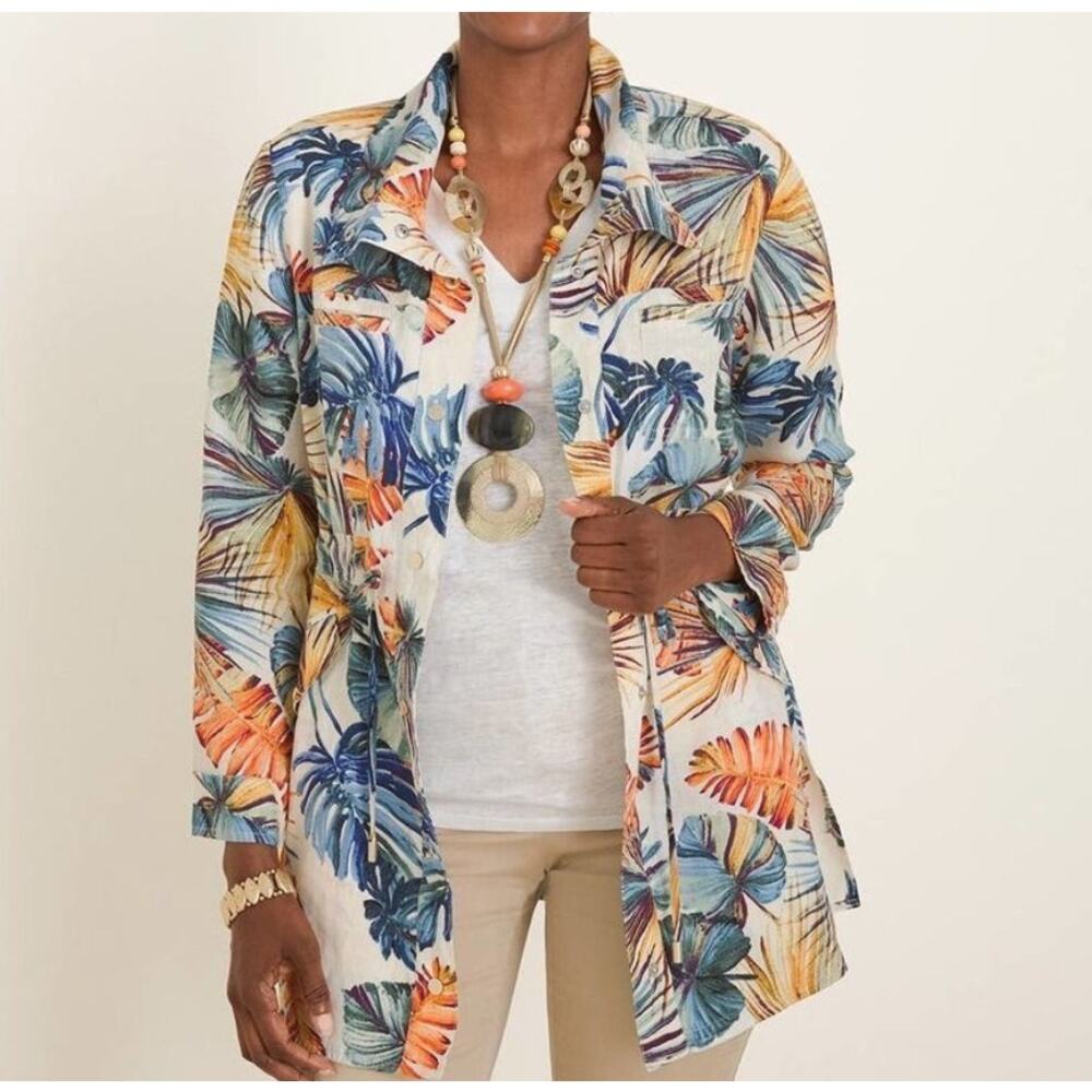 Chico's Linen Palm print Utility Jacket 0P 4/6 Classic Coastal READ